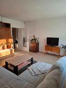 a living room with a couch and a coffee table at Ferienwohnung Rose in Altenkunstadt