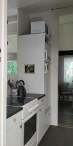 a white kitchen with a stove and a microwave at Victorian Summer House On Beautiful Natural Plot in Rønde