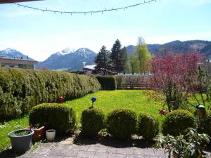 a garden with trimmed hedges with mountains in the background at Haus St_ Michael_ Ferienwohnung 1_4 in Schliersee