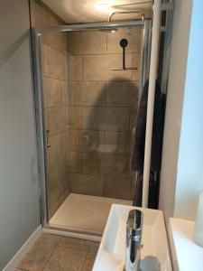 a shower in a bathroom with a sink at Townfield Lodge in Bury Saint Edmunds