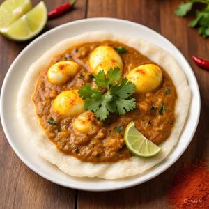 a plate of food with shrimp in a curry at Mansion Du Lac in Kottayam