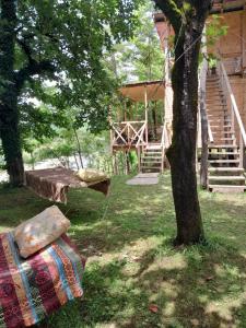 a blanket sitting in the grass next to a tree at Riverside Cottage in Martvili