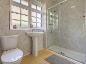 a bathroom with a toilet and a sink and a shower at Crows Nest Dawlish in Dawlish +22 photos