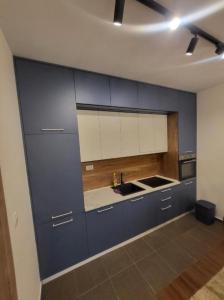 a large kitchen with blue cabinets and a sink at Master apartman in Podgorica +6 photos