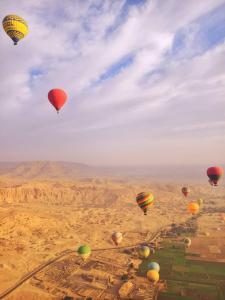 a group of hot air balloons flying over the desert at New Alsalam Hotel in Luxor
