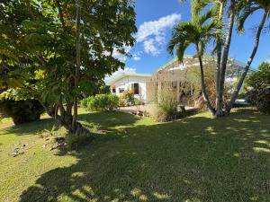 a yard with palm trees and a house at Le jardin des B-joux - Piscine privée - 3 ch et 3 sdb indépendantes - Grand jardin arboré - Vue mer et Pitons du Carbet - 10 mn de la plage - Propriété fermée - Aucun vis à vis in Le Morne-Vert