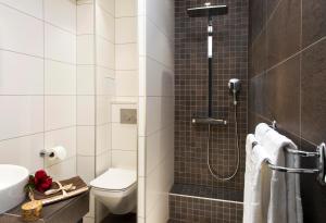 a bathroom with a shower with a toilet and a sink at Hotel Aguado in Dieppe