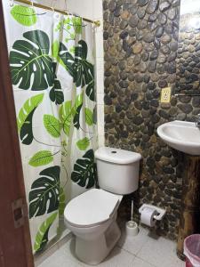 a bathroom with a toilet and a sink and a shower curtain at Casa chill out in Minca