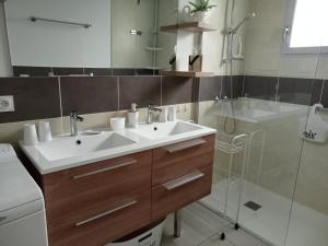 a bathroom with a sink and a shower at Villa les volets bleus in Le Grau-dʼAgde +16 photos