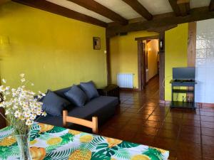 a living room with a blue couch and a table at Apartamentos Las Rocas de Brez in Brez