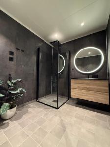 a bathroom with a shower and a potted plant at Experience Senja in Senja