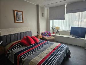 a bedroom with a bed with red pillows and a television at Depto arlegui centro in Viña del Mar +5 photos