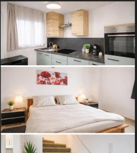 a small kitchen with a bed in a room at Maisonette am Burg in Möckmühl