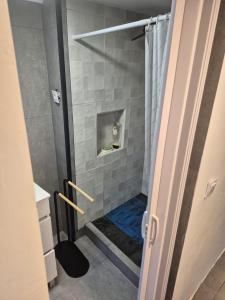 a shower with a glass door in a bathroom at T1 Amadora in Amadora
