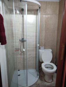 a bathroom with a toilet and a glass shower at Trotamundo in Los Polvorines