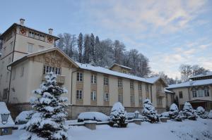 a building covered in snow with a christmas tree at Königliche Villa - Watzmannblick - nahe Zentrum und Bahnhof in Berchtesgaden