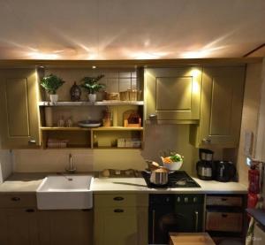a kitchen with green cabinets and a sink at Chalet Bosrust met serre & privéparking Natuur nabij Maastricht in Lanaken +16 photos