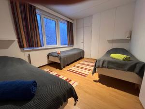 a bedroom with two beds and a window at Juurikkalahti Adventure Center in Kajaani
