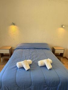 a blue bed with two white pillows on it at Estación Destino in El manzano historico