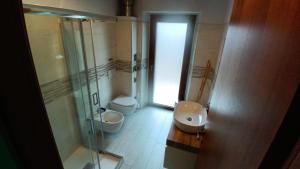 a bathroom with a shower and a sink and a toilet at Ospitalità Adocentyn in Guinadi