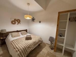 a bedroom with a bed and a ceiling fan at La maison du colombophile in Neuville-sur-Ailette
