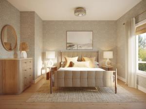 a bedroom with a large bed and a mirror at Shore Haven Inn in Falmouth