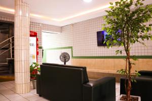 a waiting room with black chairs and a potted tree at Pousada Dom Manuel - Ce in Fortaleza