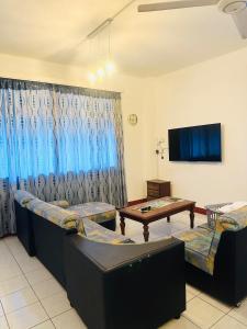 a living room with two couches and a tv at Pereybere Beach Home in Pereybere