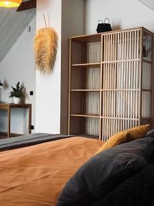 a bedroom with a book shelf and a bed at Brīvdienu māja & pirts meža vidū - Saraiķu Sanderi in Saraiķi