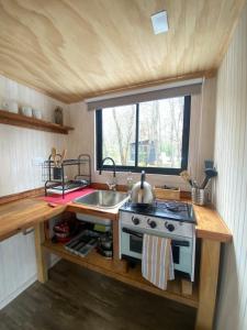 a small kitchen with a stove and a sink at Tiny House en Malalcahuello - Tranquilidad total in Malalcahuello +2 photos
