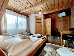 a bedroom with two beds and a desk and a television at Noclegi Sarenka in Murzasichle