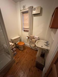a small bathroom with a toilet and a sink at Derbyshire Holiday Cottages in Holmesfield