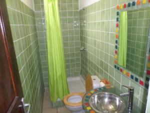 a green tiled bathroom with a toilet and a sink at Man silly in Port-Louis