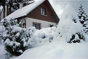 a house covered in snow in front of a house at Ferienhaus Inge in Ilmenau