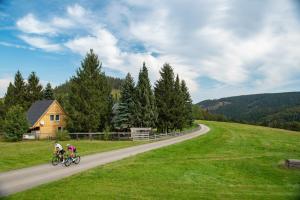 two people riding bikes down a road at Berghaus zum Hirsch in Suhl