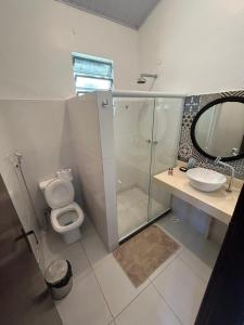 a bathroom with a toilet and a sink and a mirror at Verde Mar Ilha Grande in Abraão