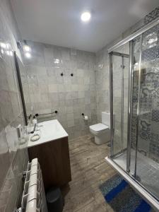 a bathroom with a shower and a sink and a toilet at El Jardín de los Olivos in Fuentesaúco de Fuentidueña +31 photos
