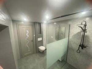 a bathroom with a toilet and a door and a shower at Au refuge de David et Leah in Willer-sur-Thur +14 photos