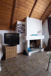 a living room with a tv and a fireplace at Myrto's Memories "My Sofitaki"- Seaview Studio in Melíssion +5 photos