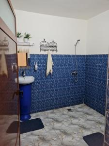 a blue bathroom with a sink and a shower at Dar Benhoussa Imlil in Imlil