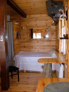 1 dormitorio con 1 cama en una cabaña de madera en studio MONT LOUIS, en La Cabanasse