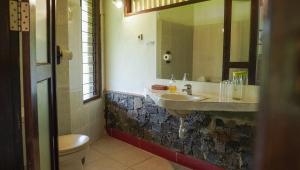 a bathroom with a sink and a toilet and a mirror at Kelimutu Crater Lakes Ecolodge in Kelimutu +44 photos