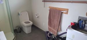a small bathroom with a toilet and a sink at Private cabin in Whitianga