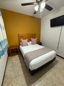 a bedroom with a bed with a ceiling fan at HOSTAL CHOCOLATE CALENDA in Oaxaca City