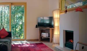 ein Wohnzimmer mit einem TV und einem Kamin in der Unterkunft green Home - Sonniges Chalet in den Alpen in Kirchberg in Tirol