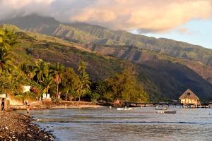 a beach with boats in the water with a mountain at Le Fare de la Baleine in Punaauia +31 photos