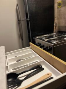 a kitchen with a drawer with knives and a stove at Tara Home 44 in Sheikh Zayed +38 photos