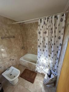 a bathroom with a shower curtain and a toilet at Rincon de Ñires cabaña 4 in San Martín de los Andes