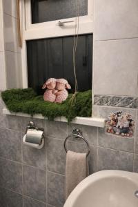 a bathroom with two stuffed animals sitting on a window sill at Gra accommodations athy in Athy +45 photos
