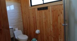 a wooden bathroom with a toilet and a window at Casa cerca de lago Caburgua in Pucón +5 photos